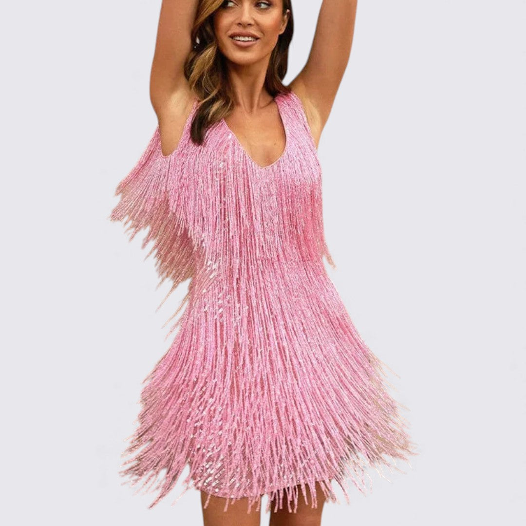 Damekjole med frynser – V-udskæring kjole – Ærmeløs