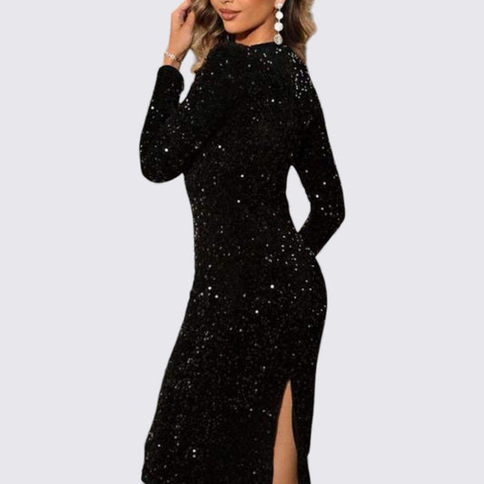 Damekjole med pailletter – Rund halskjole – Knælængde