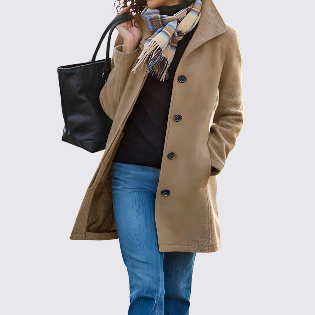 Dame Lang Frakke med Knapper – Lommer – Klassisk Skåret