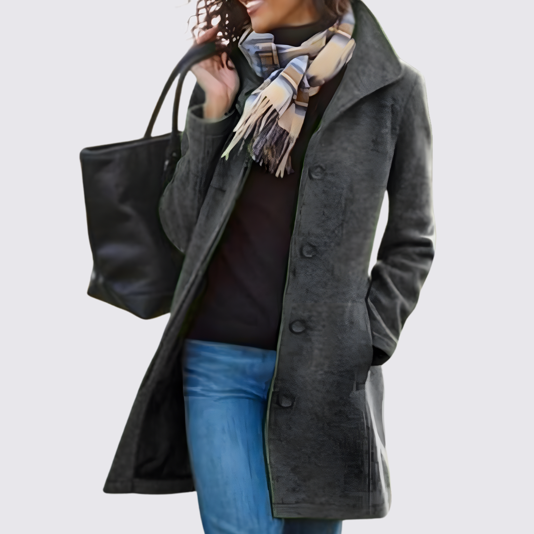 Dame Lang Frakke med Knapper – Lommer – Klassisk Skåret