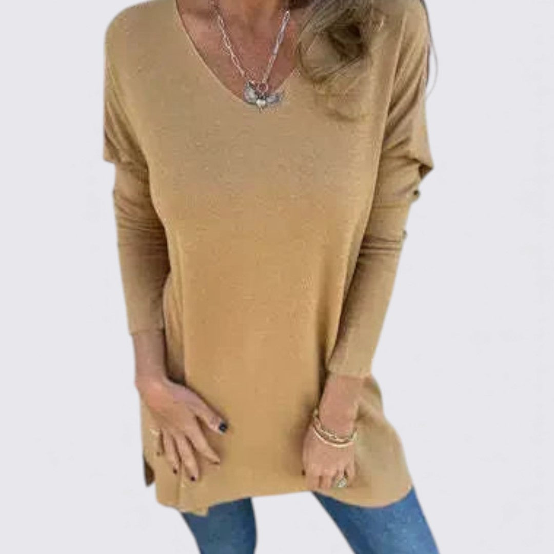 Dame top med V-udskæring – Løs pasform – Lange ærmer