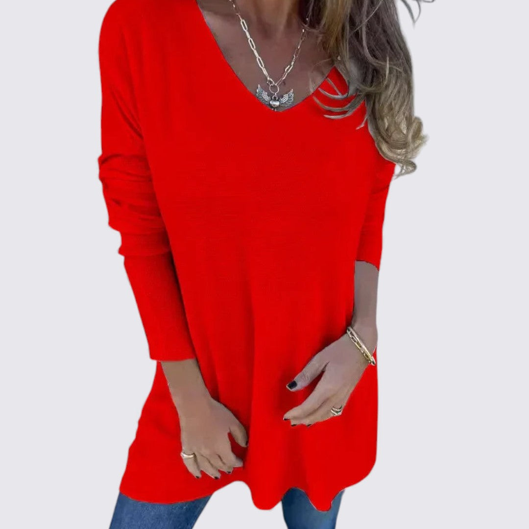 Dame top med V-udskæring – Løs pasform – Lange ærmer