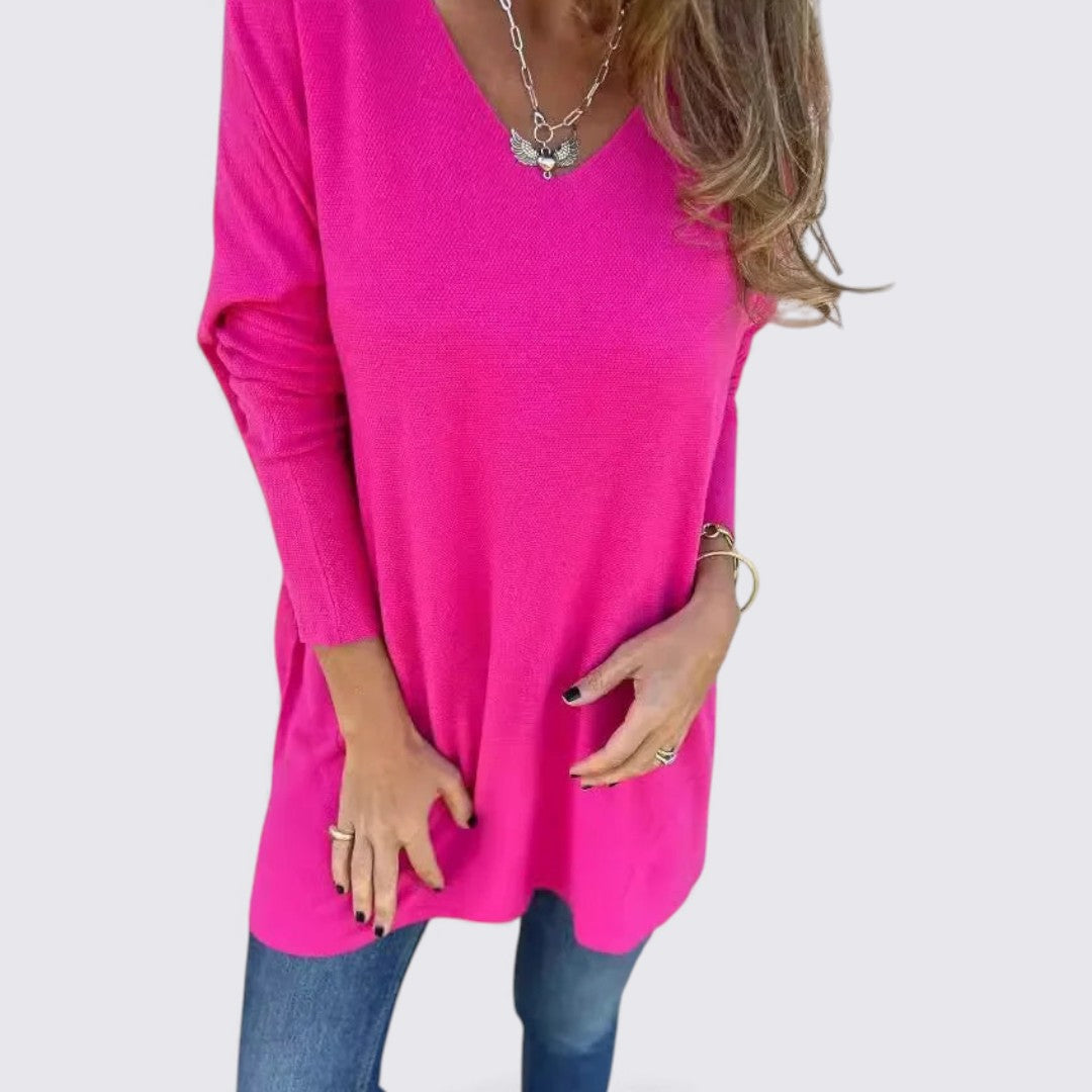 Dame top med V-udskæring – Løs pasform – Lange ærmer