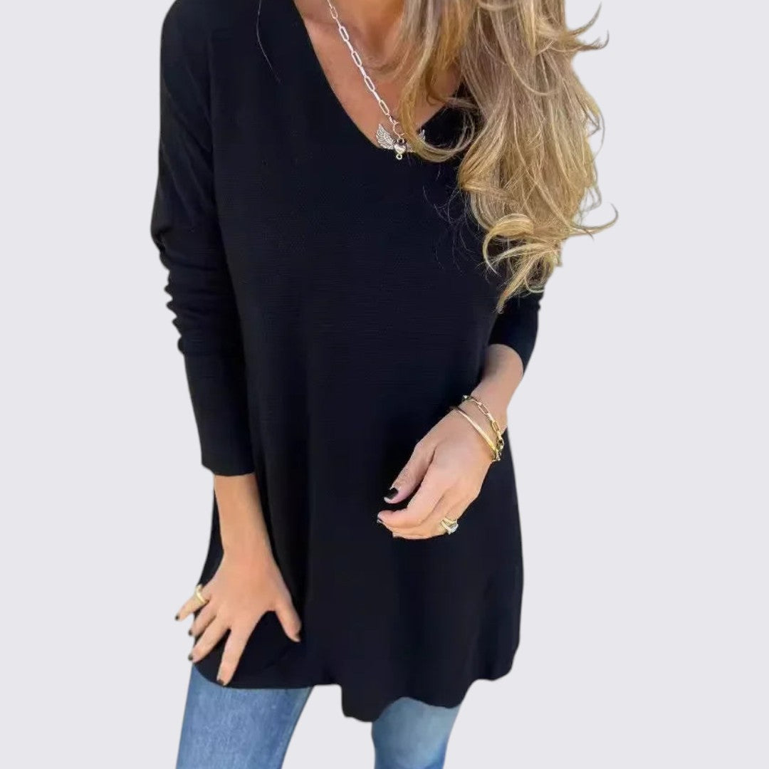 Dame top med V-udskæring – Løs pasform – Lange ærmer