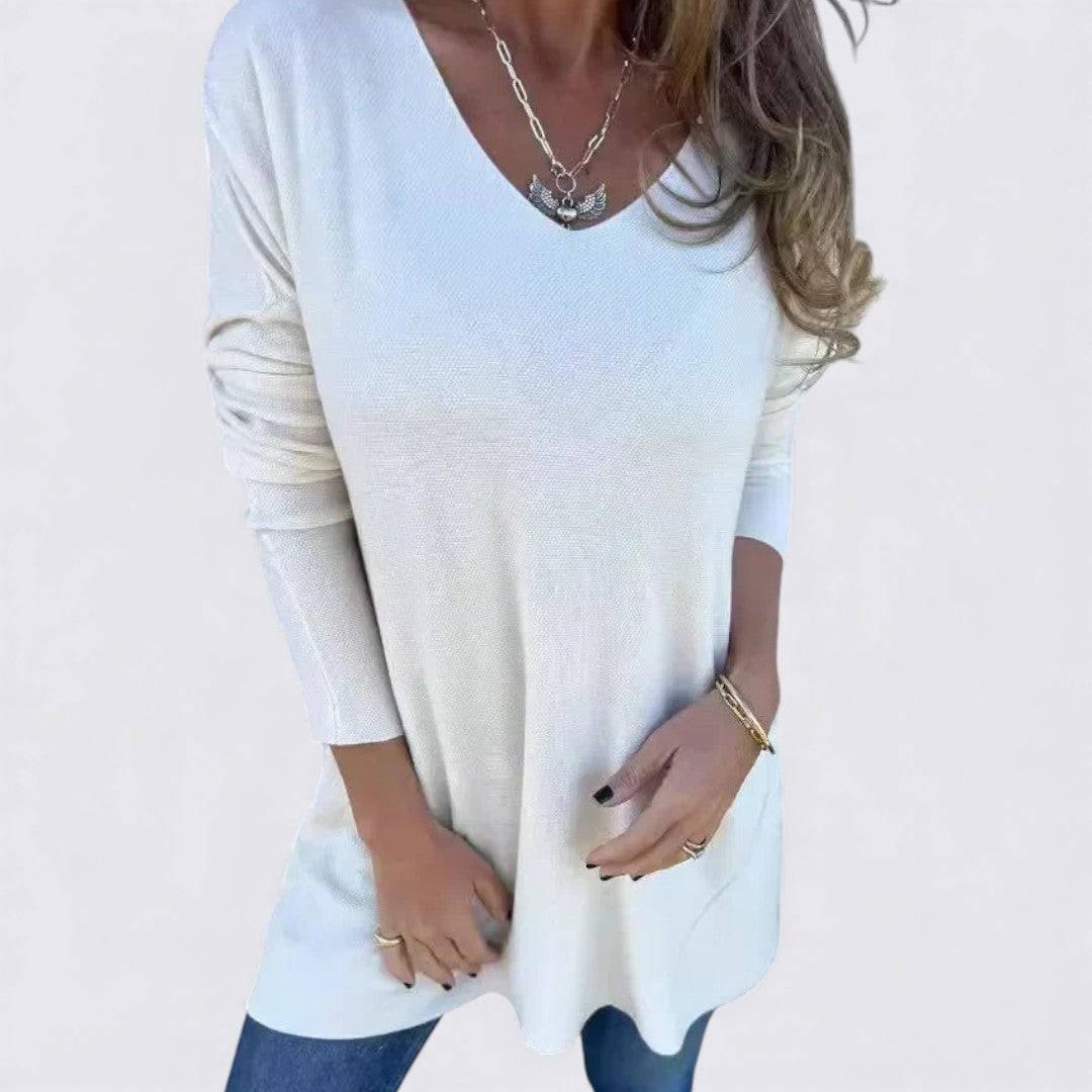 Dame top med V-udskæring – Løs pasform – Lange ærmer
