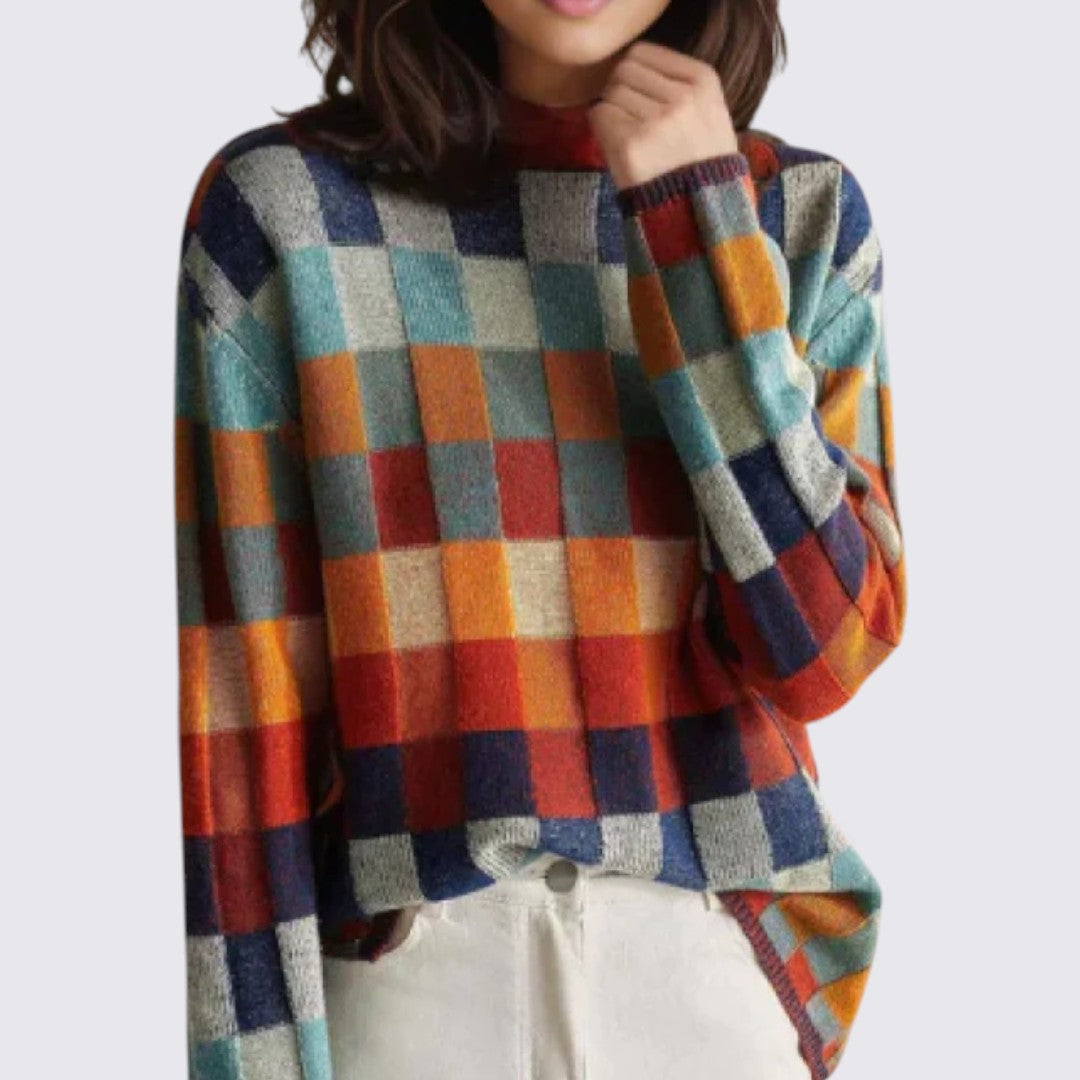 Dame sweater med ternet mønster – Lange ærmer – Rund hals