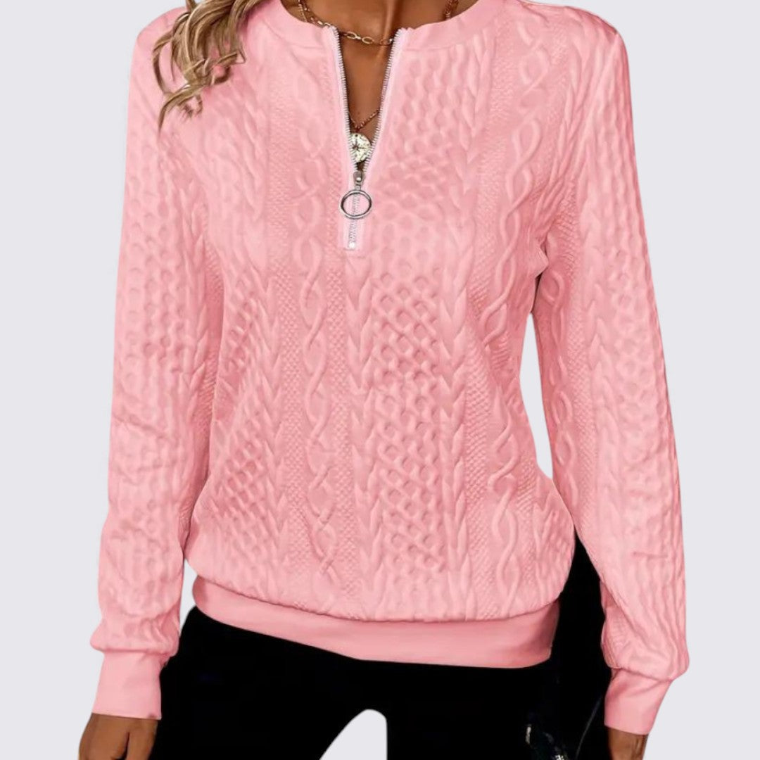 Dame trøje med lynlås – Langærmet – Strukturet stof