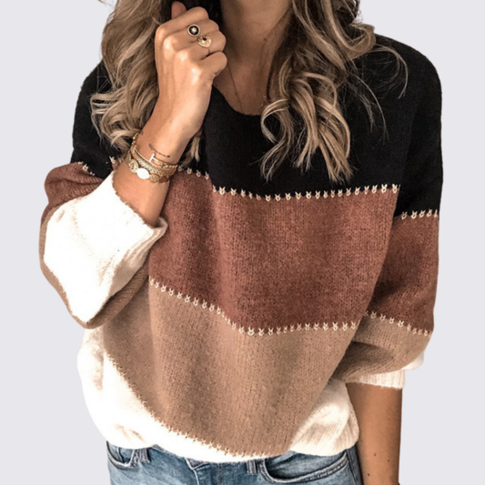 Dame sweater med rund halsudskæring – strik sweater – farveblok