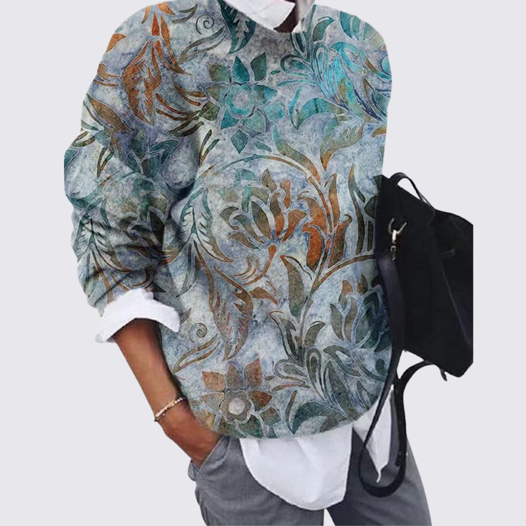 Dame sweater med rund halsudskæring – strik sweater – patchwork mønster