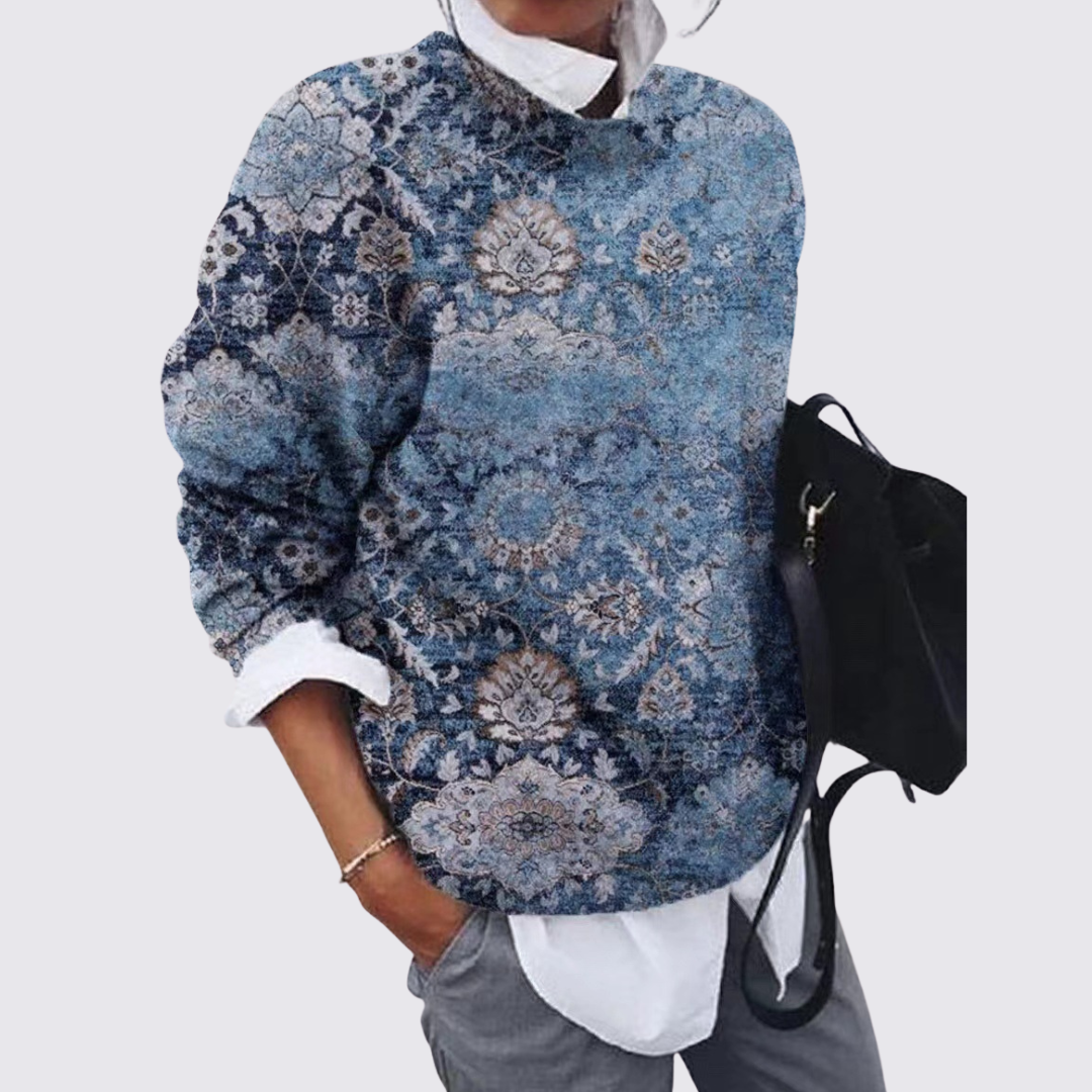 Dame sweater med rund halsudskæring – strik sweater – patchwork mønster