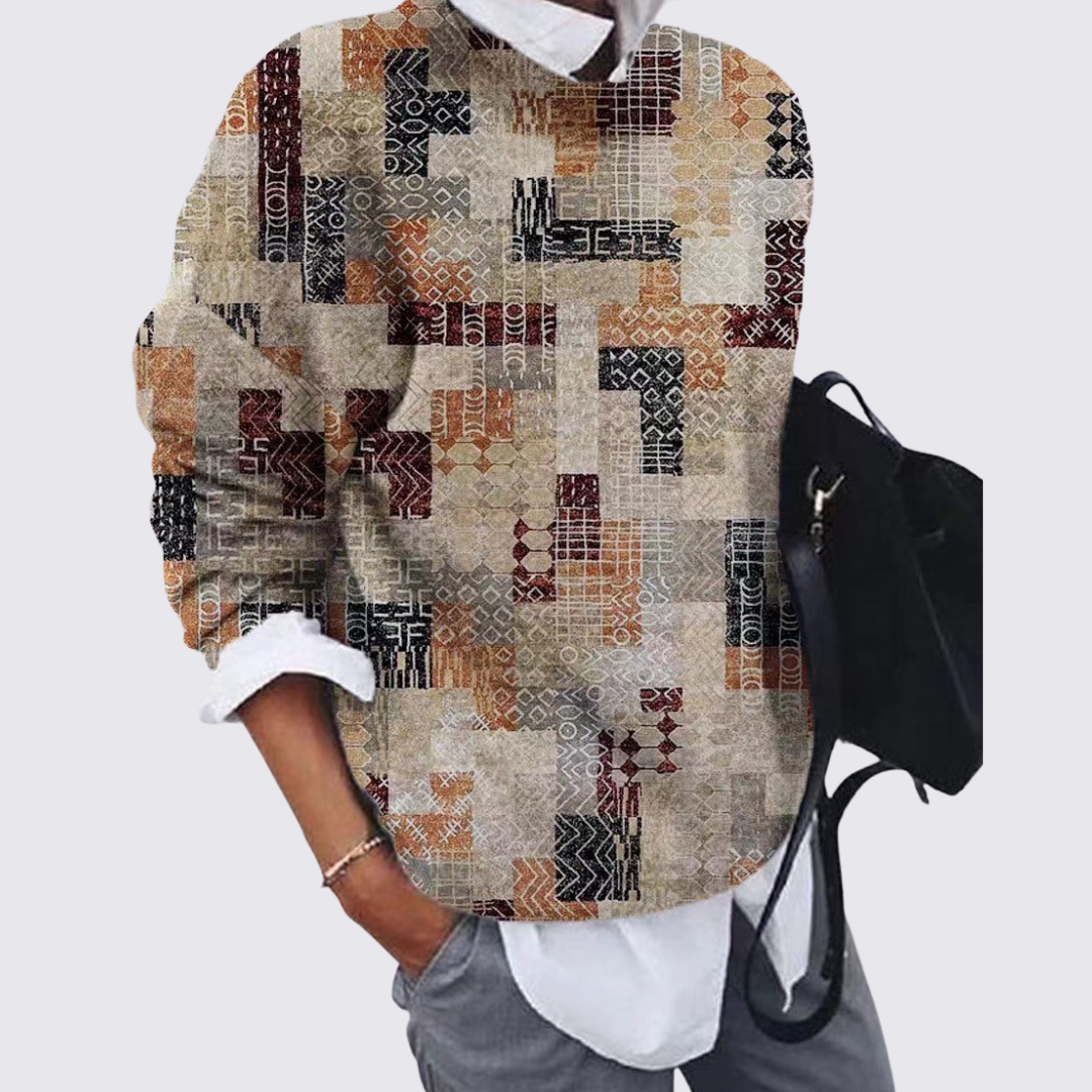 Dame sweater med rund halsudskæring – strik sweater – patchwork mønster