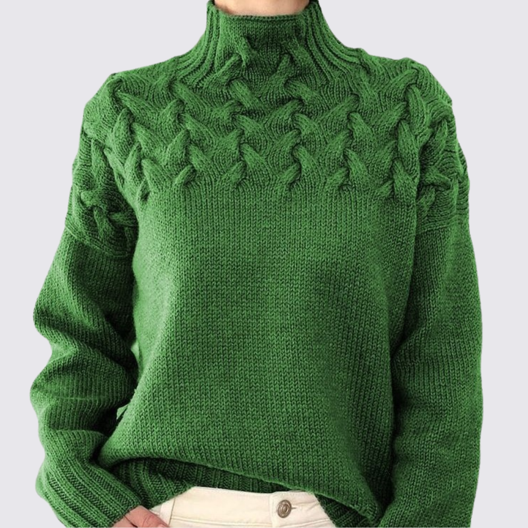 Dame strik pullover med ståkrave – fletmønster ovenfor – varm