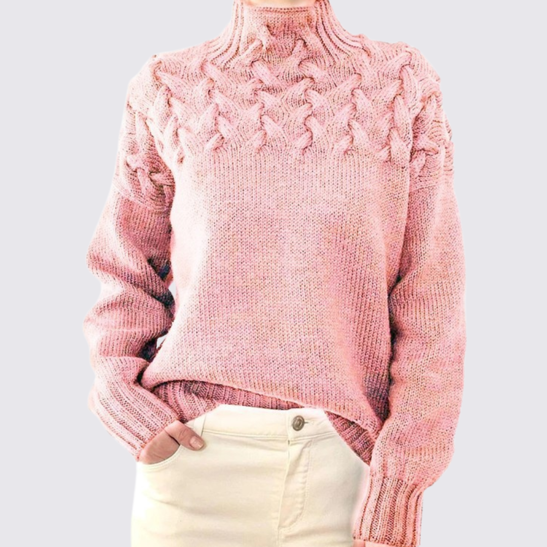 Dame strik pullover med ståkrave – fletmønster ovenfor – varm