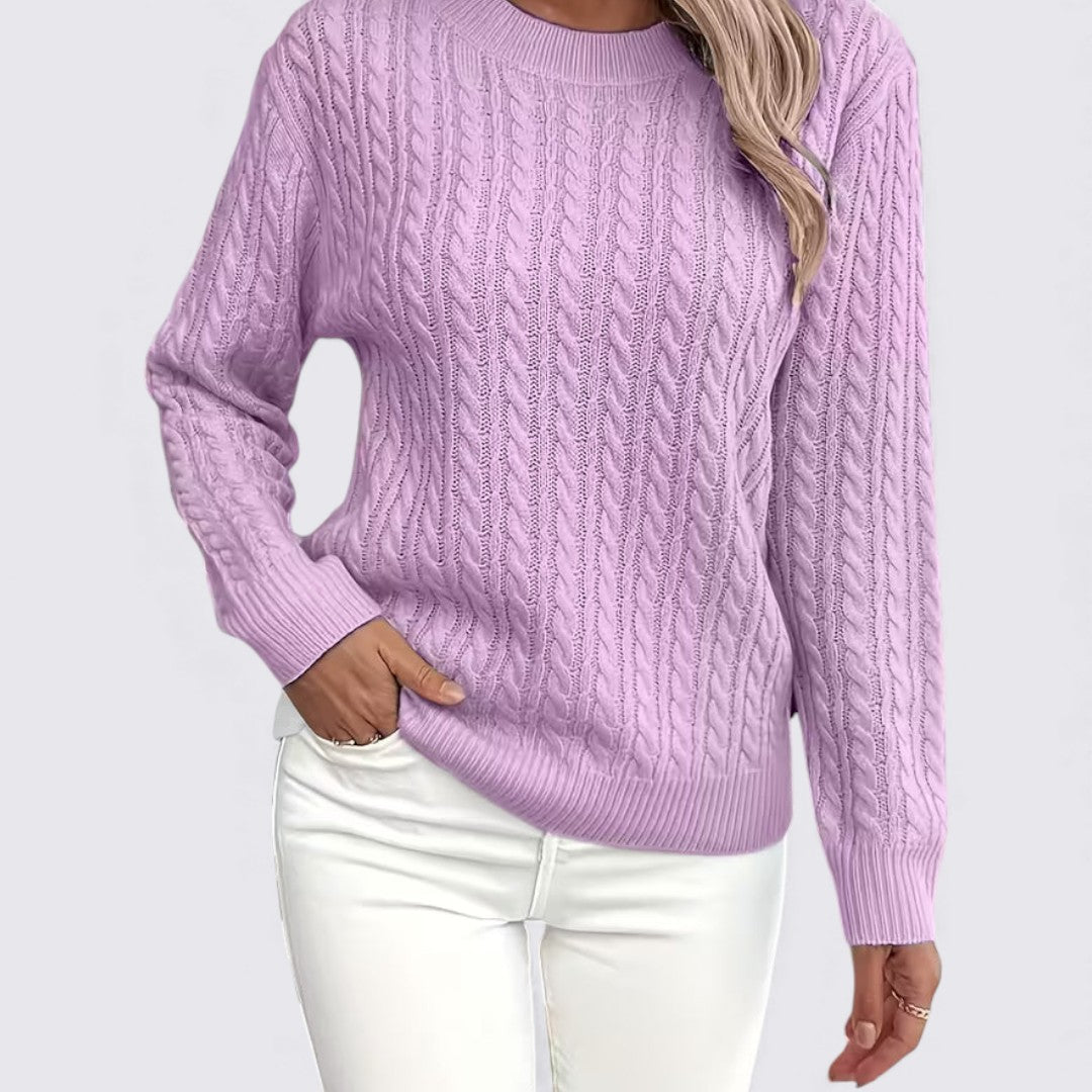 Dame sweater med fletmønster – Rundhals sweater – Lange ærmer