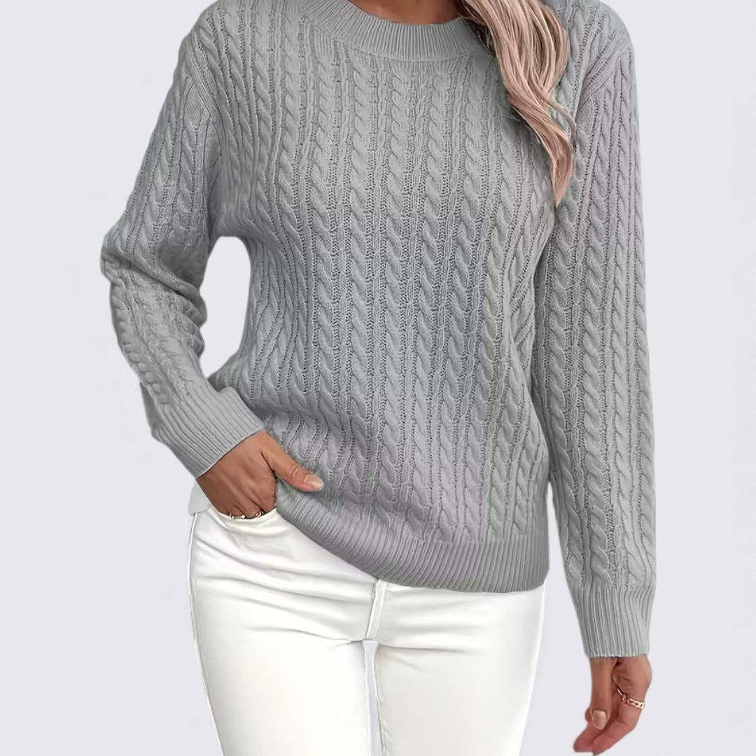 Dame sweater med fletmønster – Rundhals sweater – Lange ærmer
