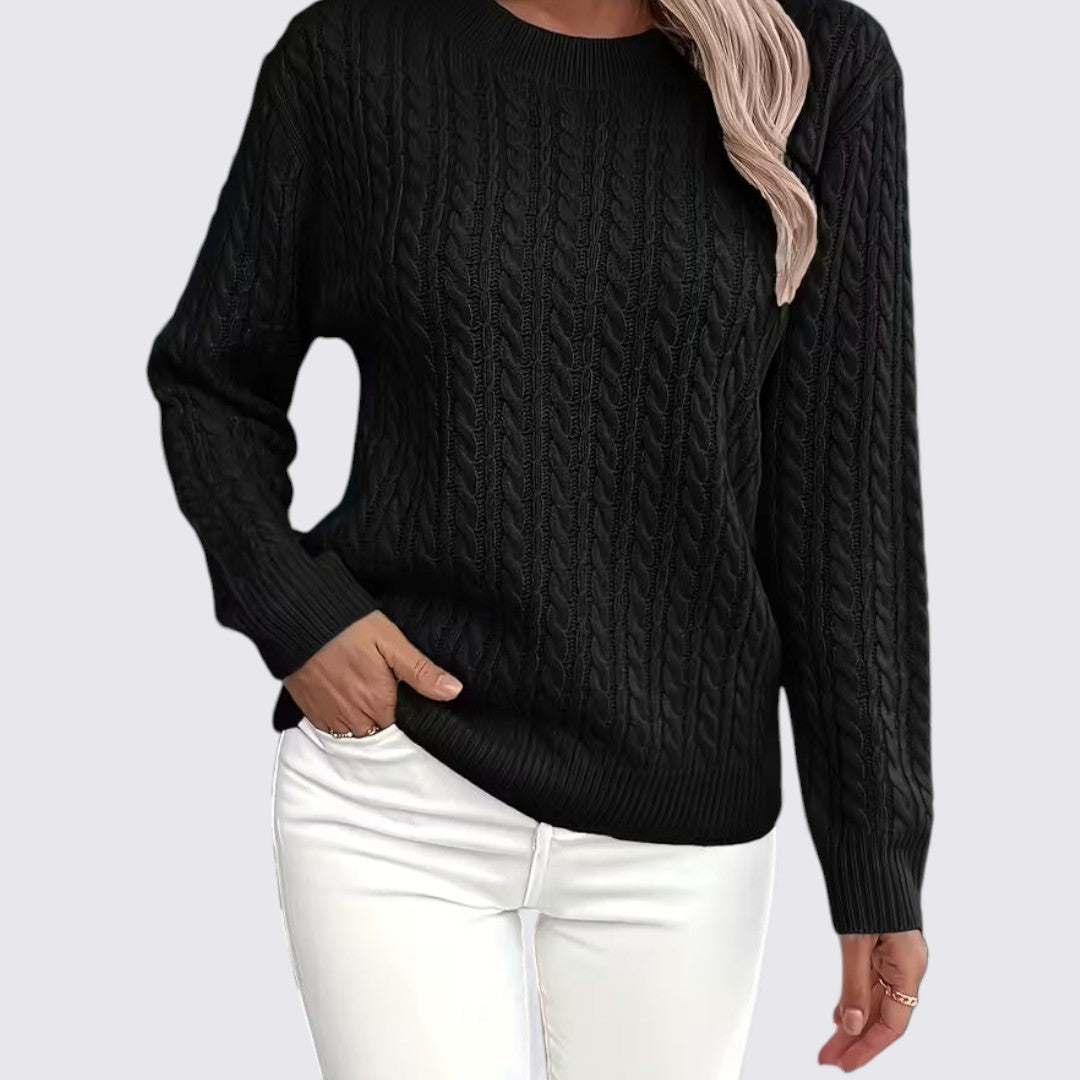 Dame sweater med fletmønster – Rundhals sweater – Lange ærmer