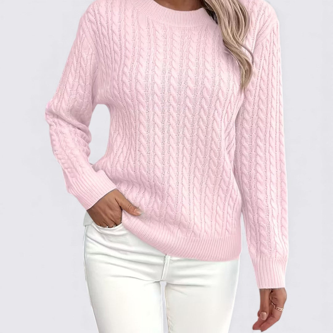 Dame sweater med fletmønster – Rundhals sweater – Lange ærmer