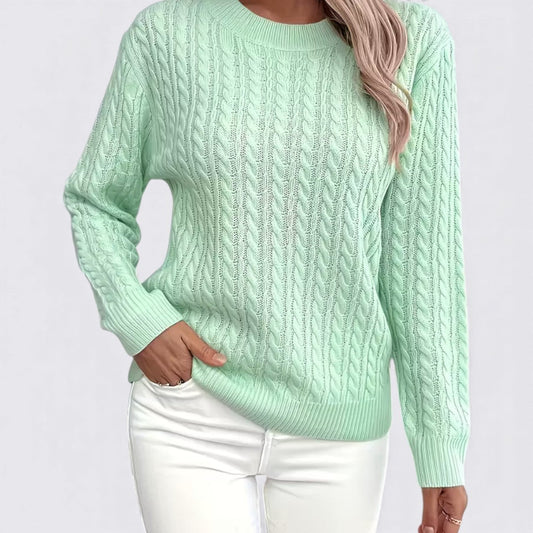 Dame sweater med fletmønster – Rundhals sweater – Lange ærmer