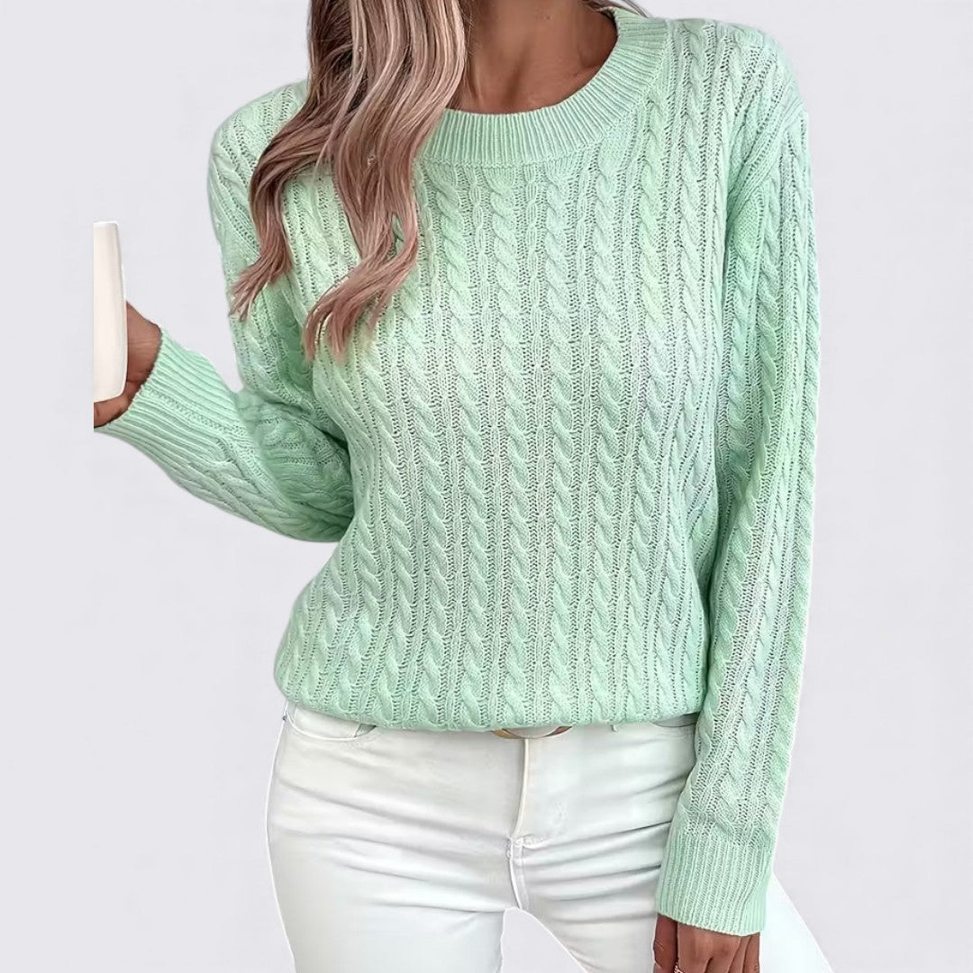 Dame sweater med fletmønster – Rundhals sweater – Lange ærmer