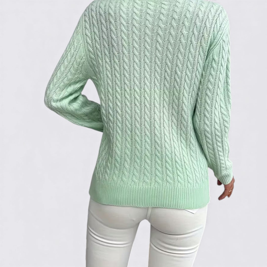 Dame sweater med fletmønster – Rundhals sweater – Lange ærmer