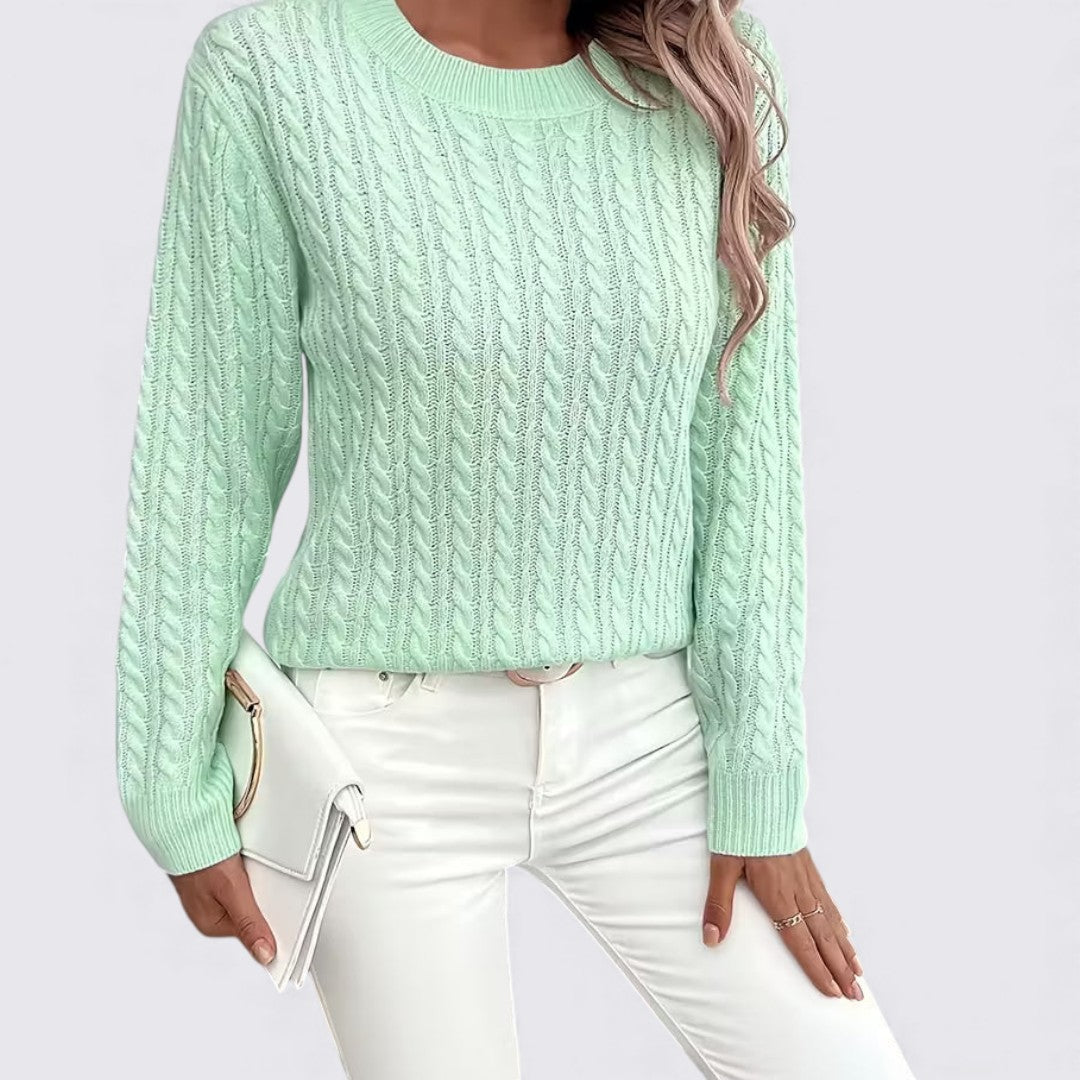 Dame sweater med fletmønster – Rundhals sweater – Lange ærmer