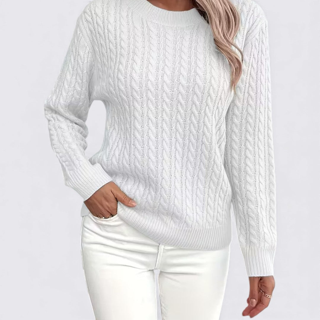 Dame sweater med fletmønster – Rundhals sweater – Lange ærmer