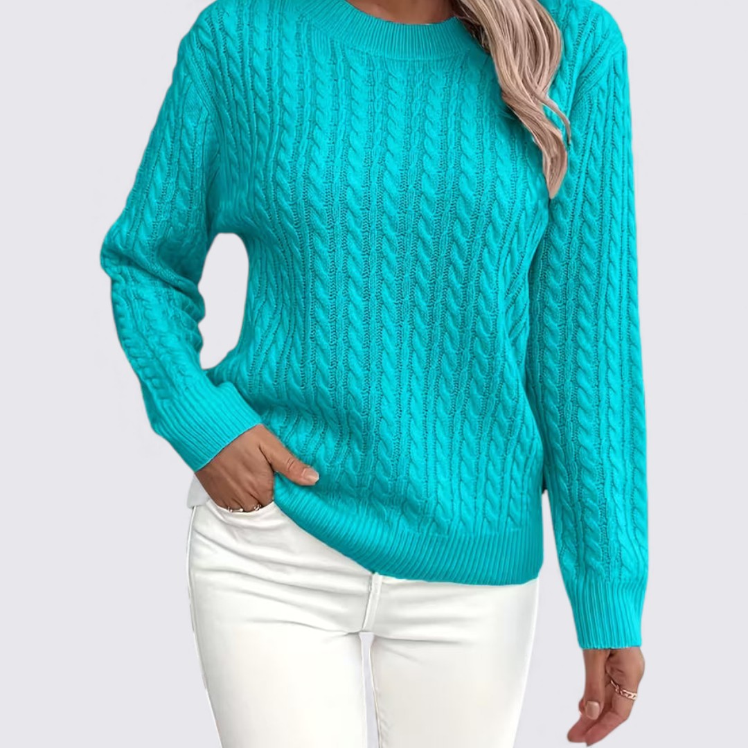 Dame sweater med fletmønster – Rundhals sweater – Lange ærmer