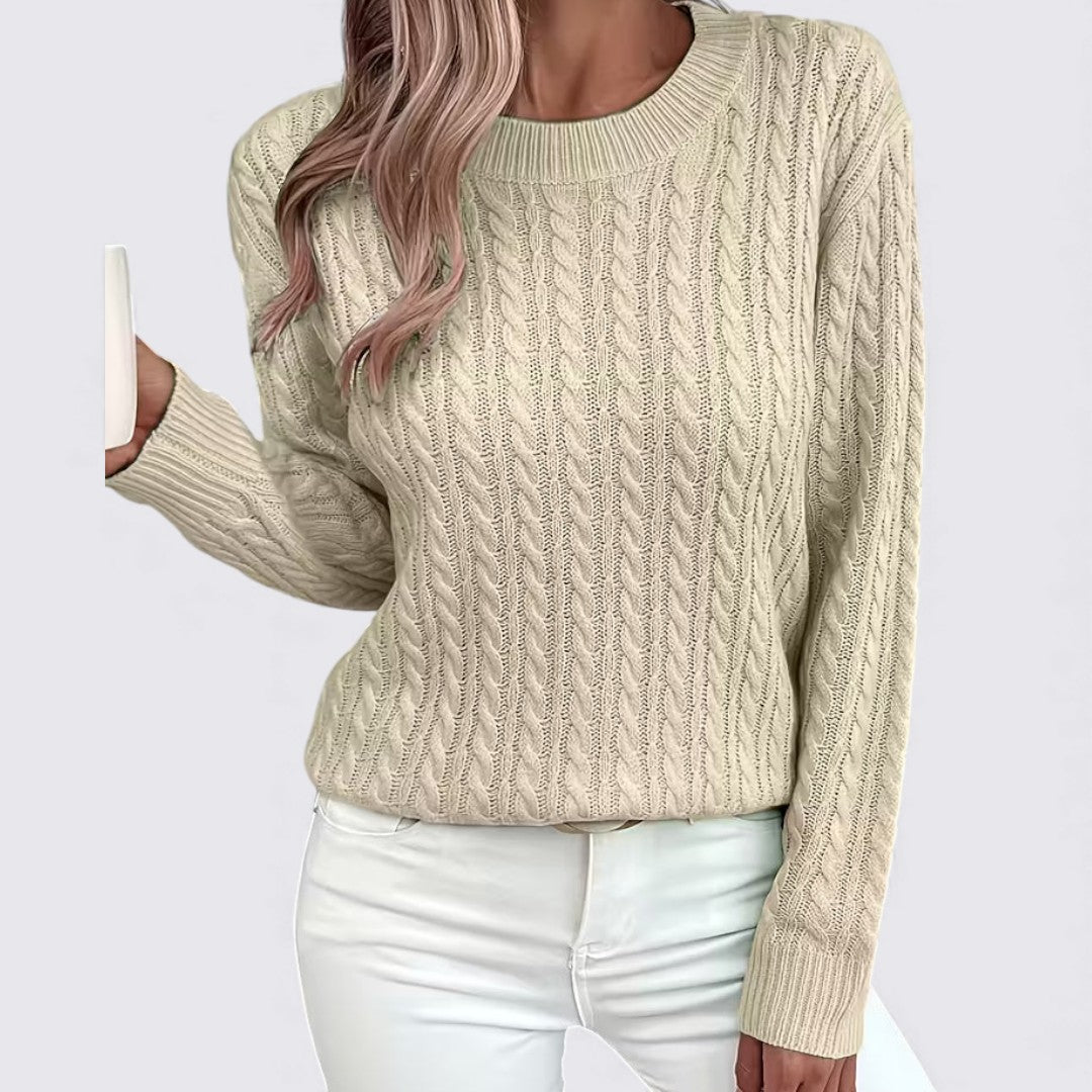 Dame sweater med fletmønster – Rundhals sweater – Lange ærmer