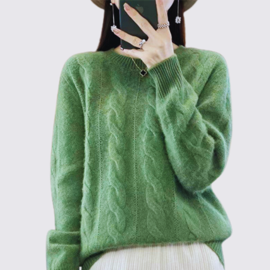 Dame sweater med flettemønster – Strik sweater – Rund halsudskæring