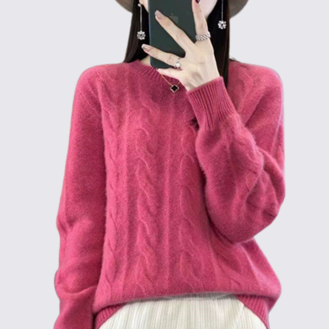 Dame sweater med flettemønster – Strik sweater – Rund halsudskæring