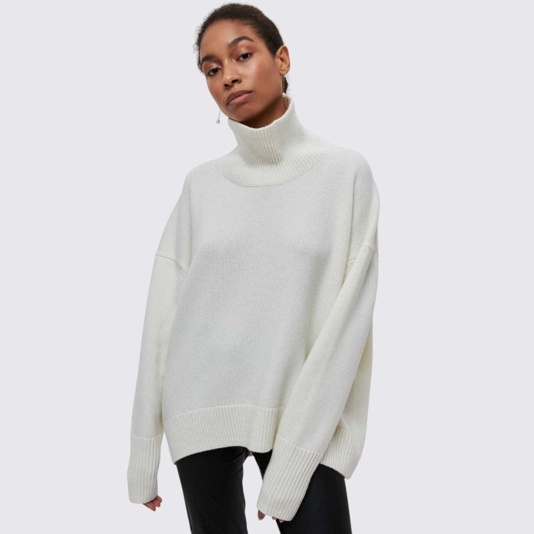 Dame rullekrave sweater med ribbet krave - oversized sweater - rullekrave