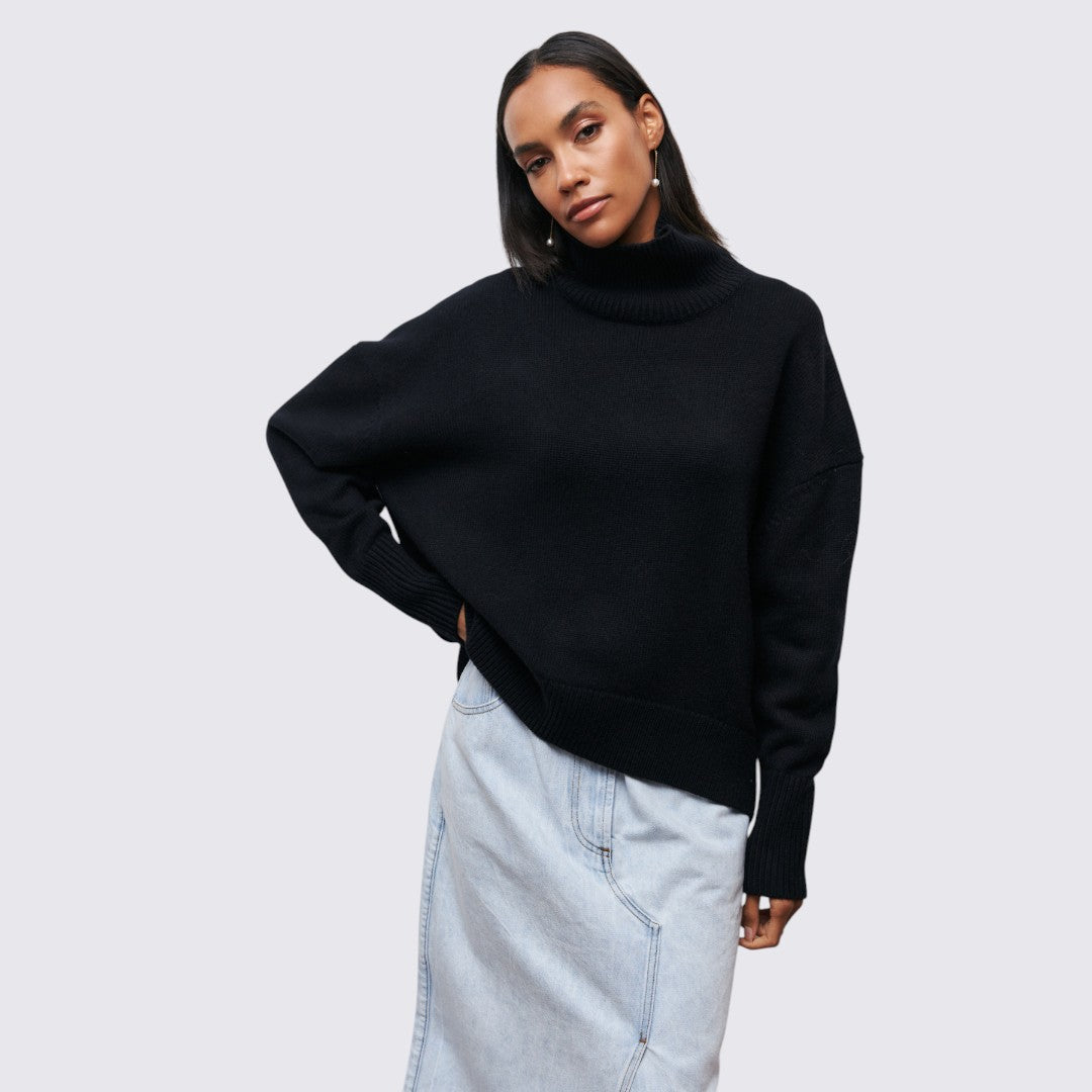 Dame rullekrave sweater med ribbet krave - oversized sweater - rullekrave