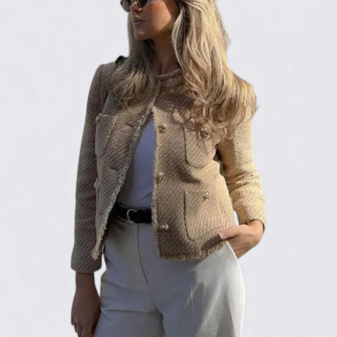 Dame Rund hals strikjakke med knapper – Struktureret stof – Elegant pasform