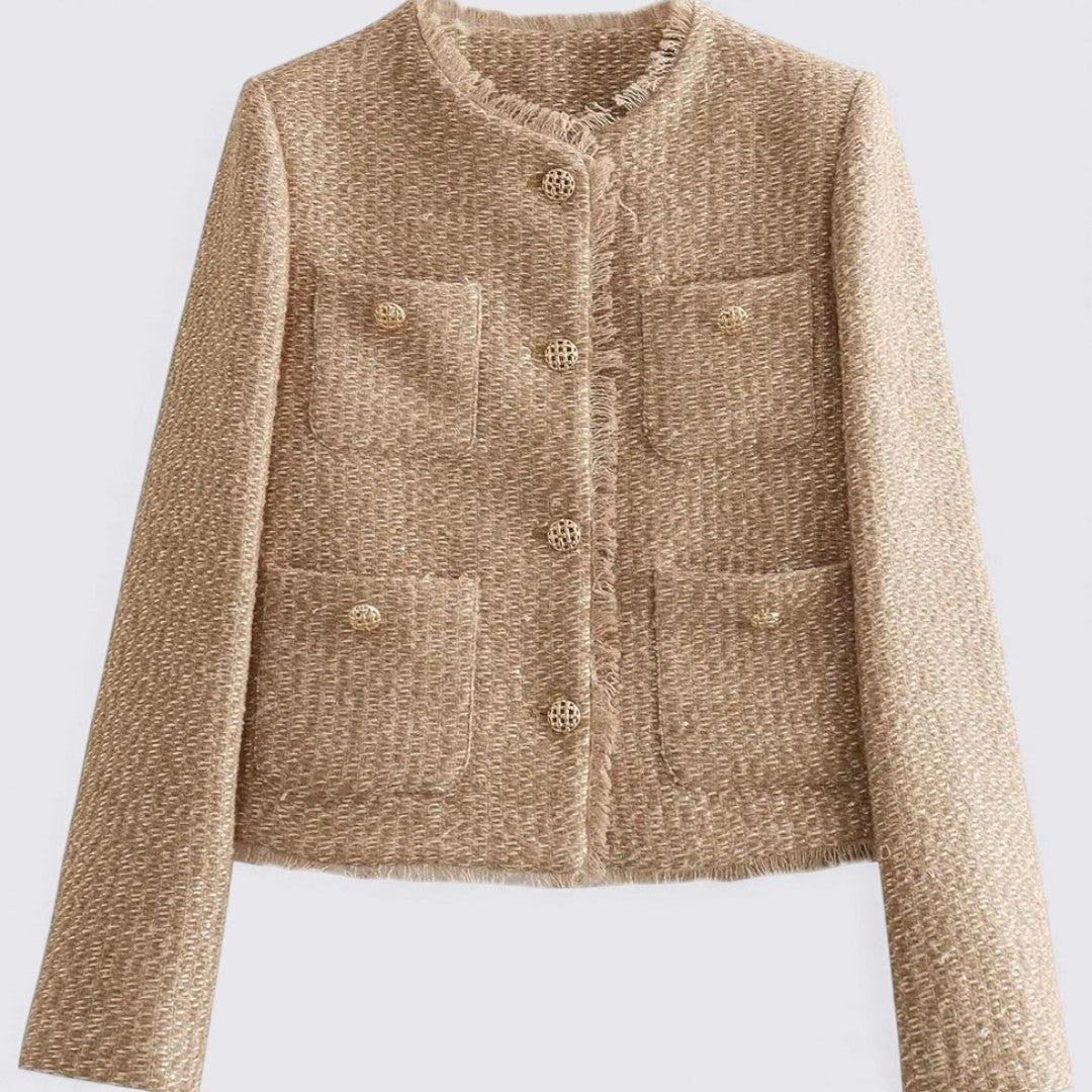 Dame Rund hals strikjakke med knapper – Struktureret stof – Elegant pasform