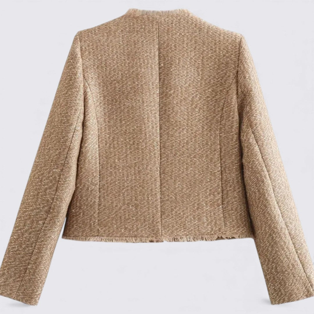 Dame Rund hals strikjakke med knapper – Struktureret stof – Elegant pasform