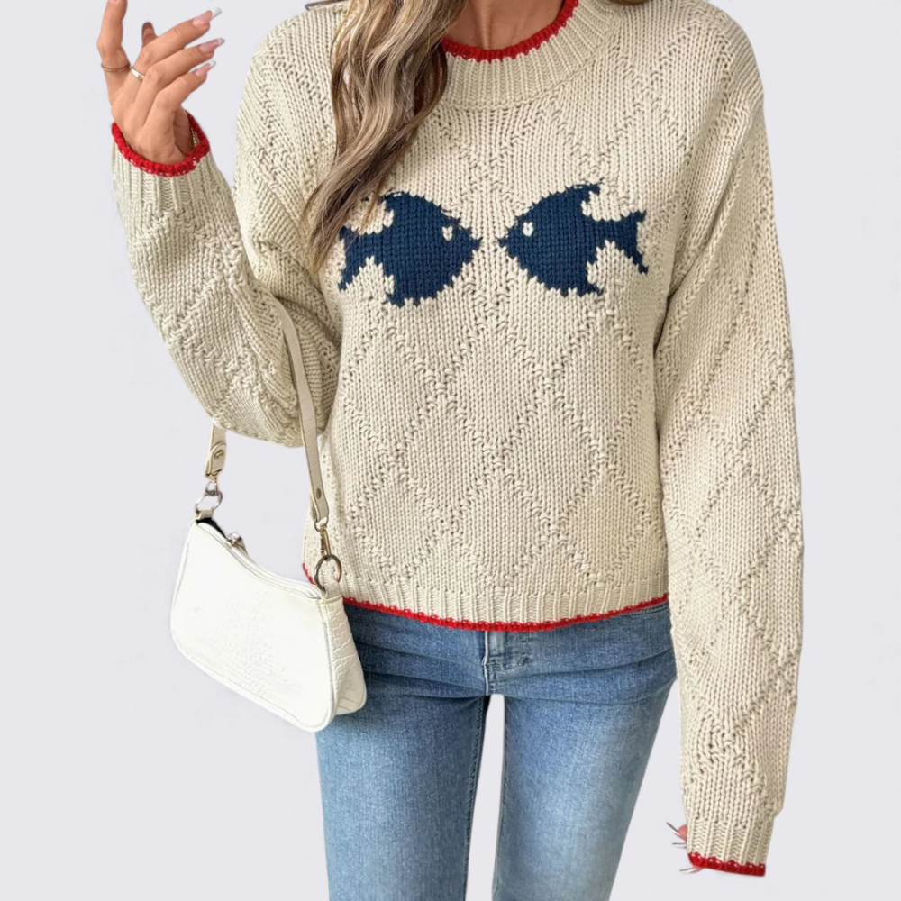 Dame Rundhals Strikpullover med Fiskemotiv – Langærmet Pullover – Kontrastdetaljer