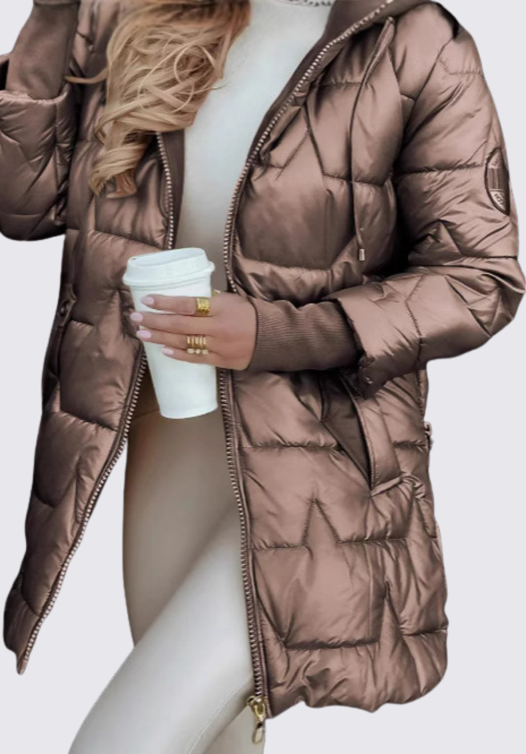 Damet quiltet jakke med hætte - Vinter quiltet jakke - Lynlås foran