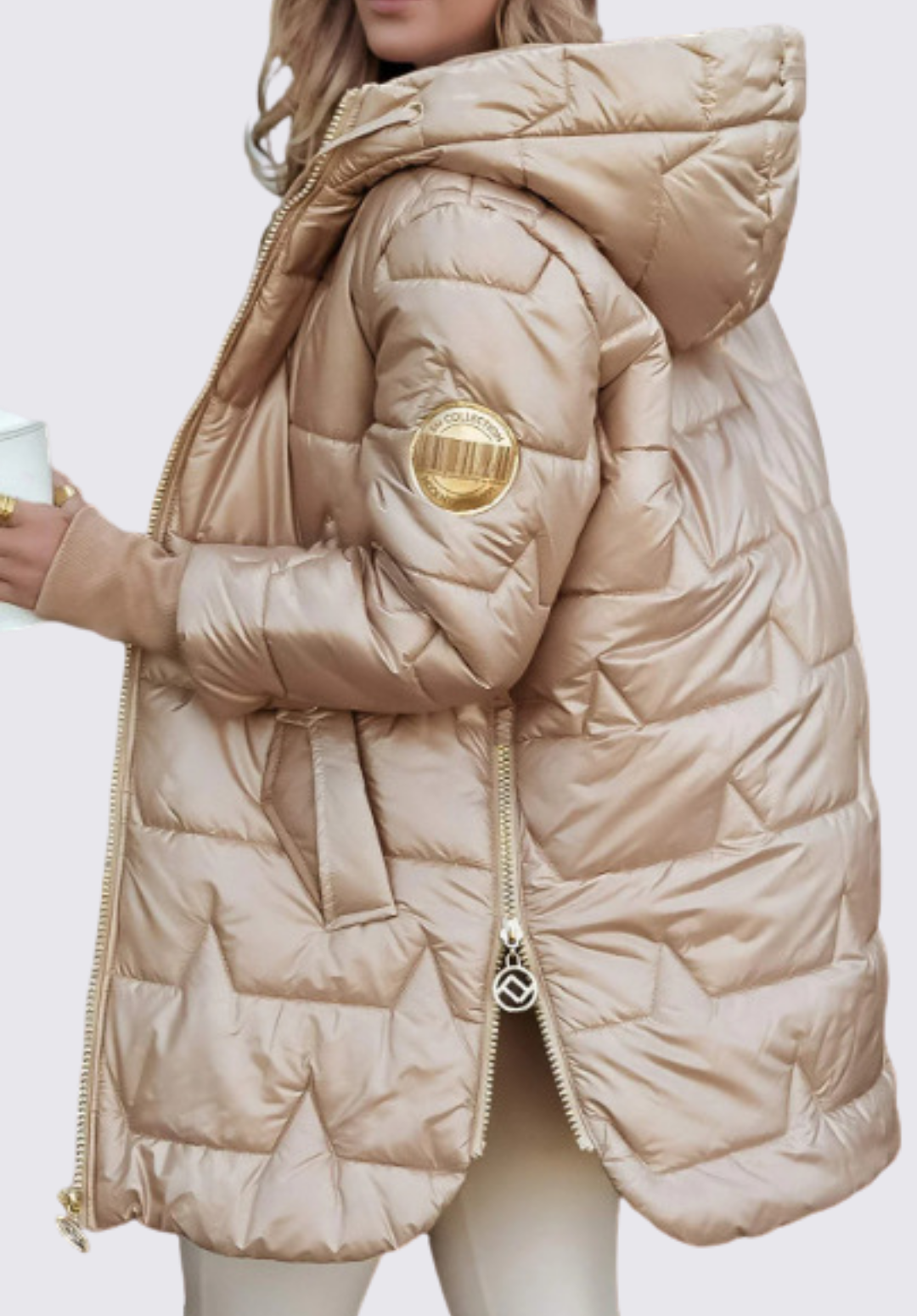 Damet quiltet jakke med hætte - Vinter quiltet jakke - Lynlås foran