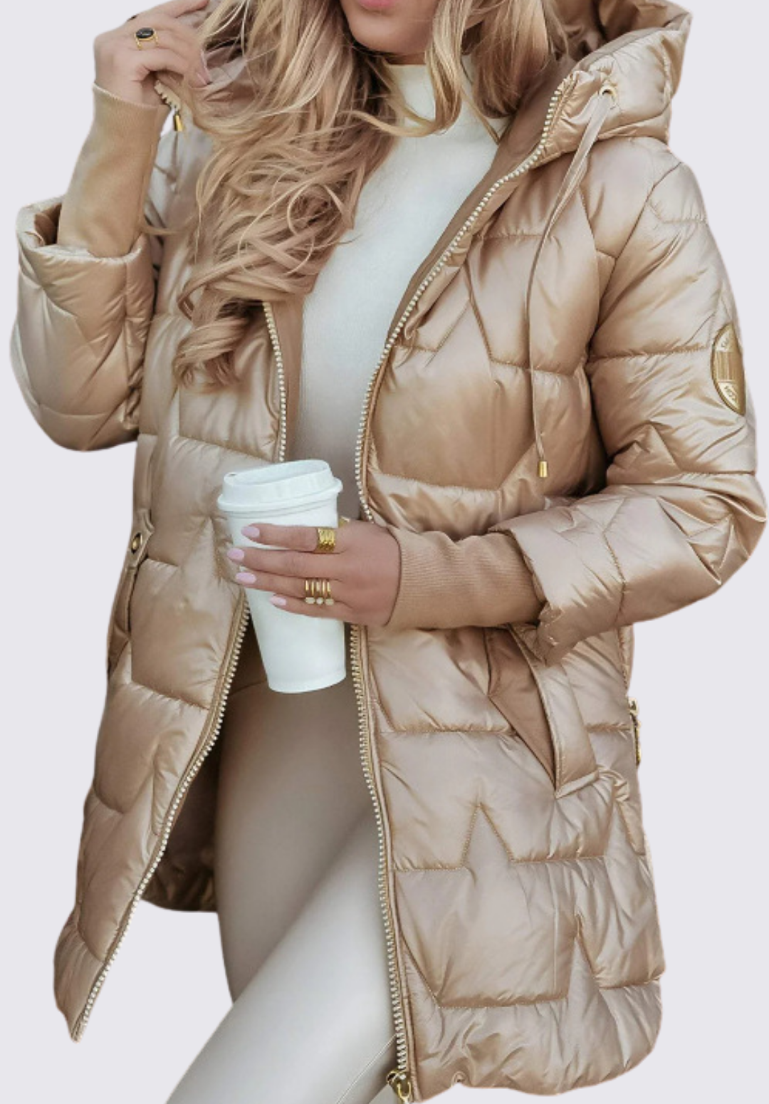 Damet quiltet jakke med hætte - Vinter quiltet jakke - Lynlås foran