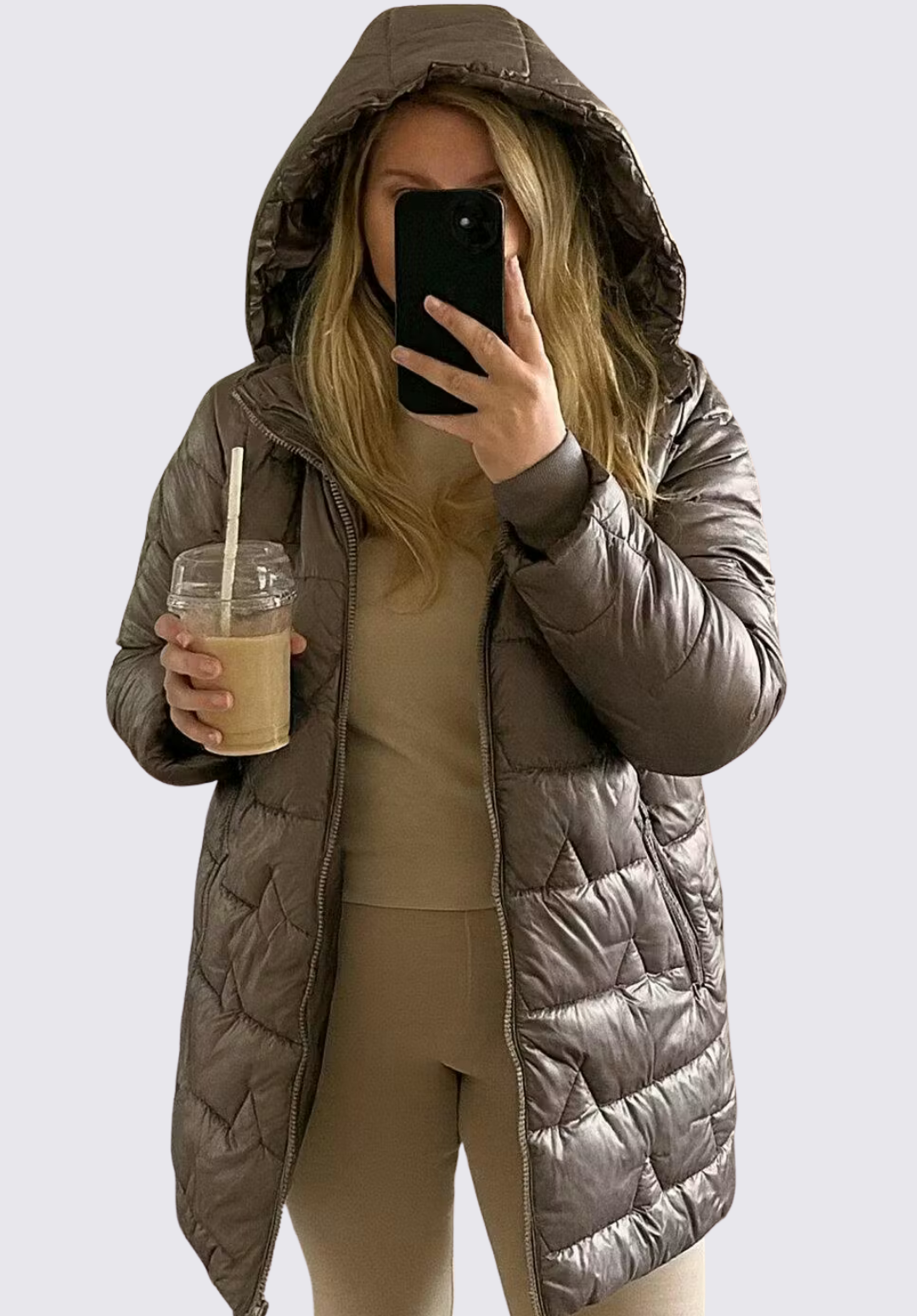 Damet quiltet jakke med hætte - Vinter quiltet jakke - Lynlås foran