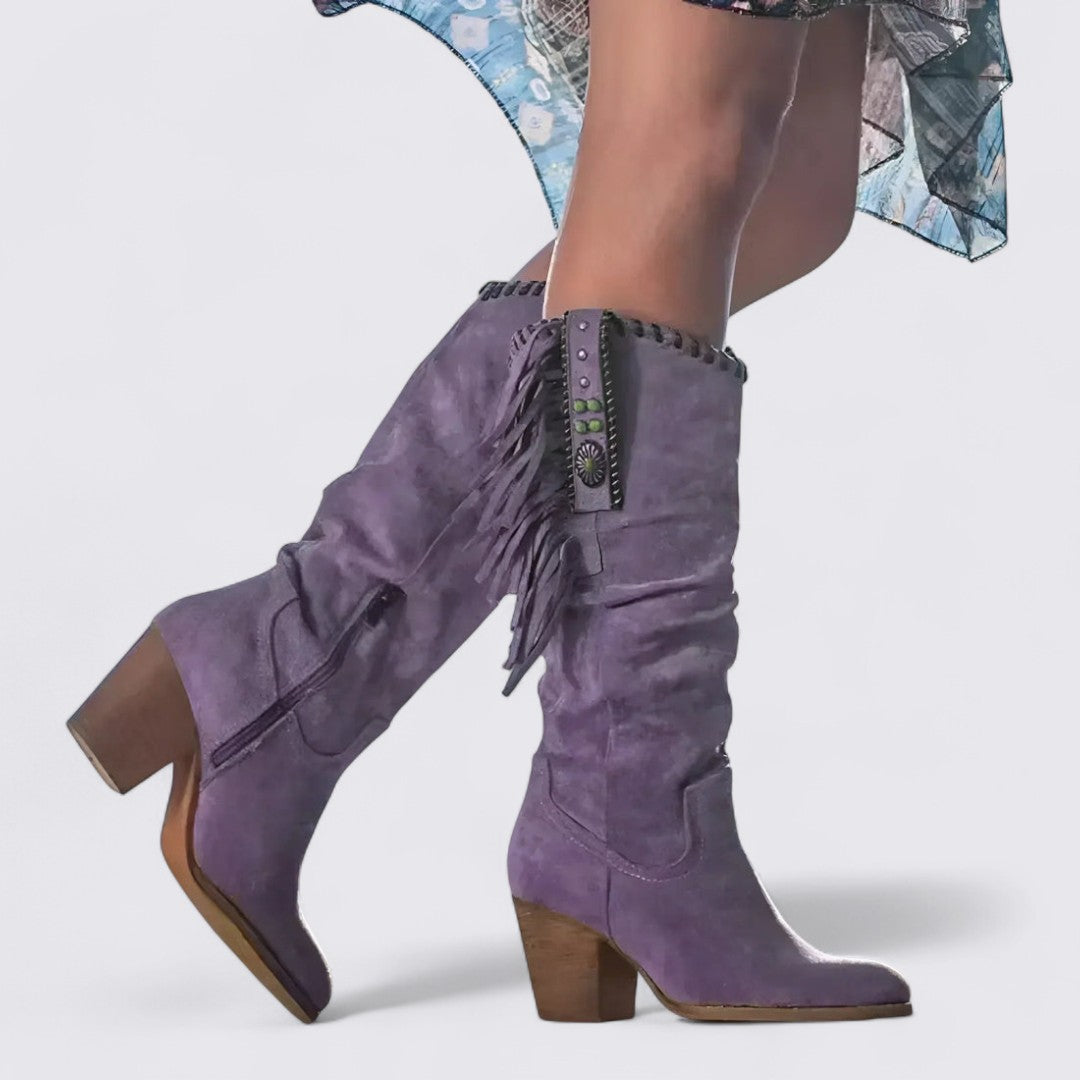 Dame støvler med blokk hæl - Knæhøj - Løs skaft