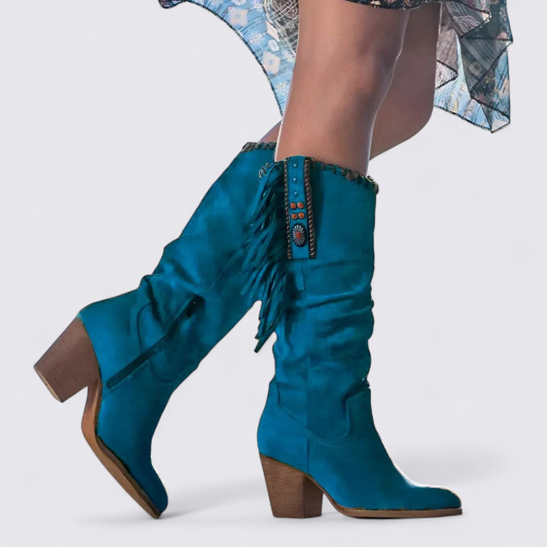 Dame støvler med blokk hæl - Knæhøj - Løs skaft