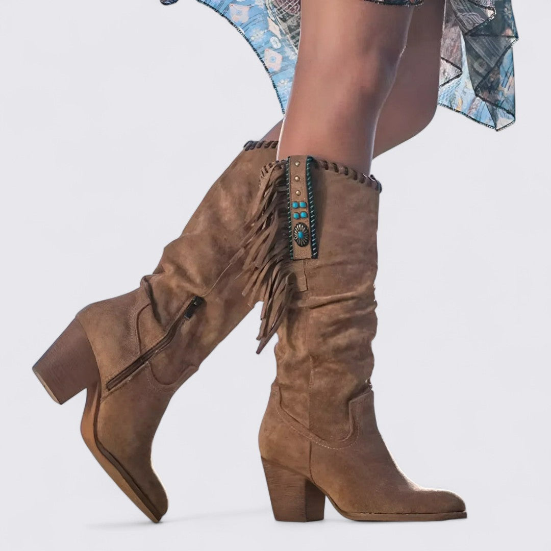 Dame støvler med blokk hæl - Knæhøj - Løs skaft