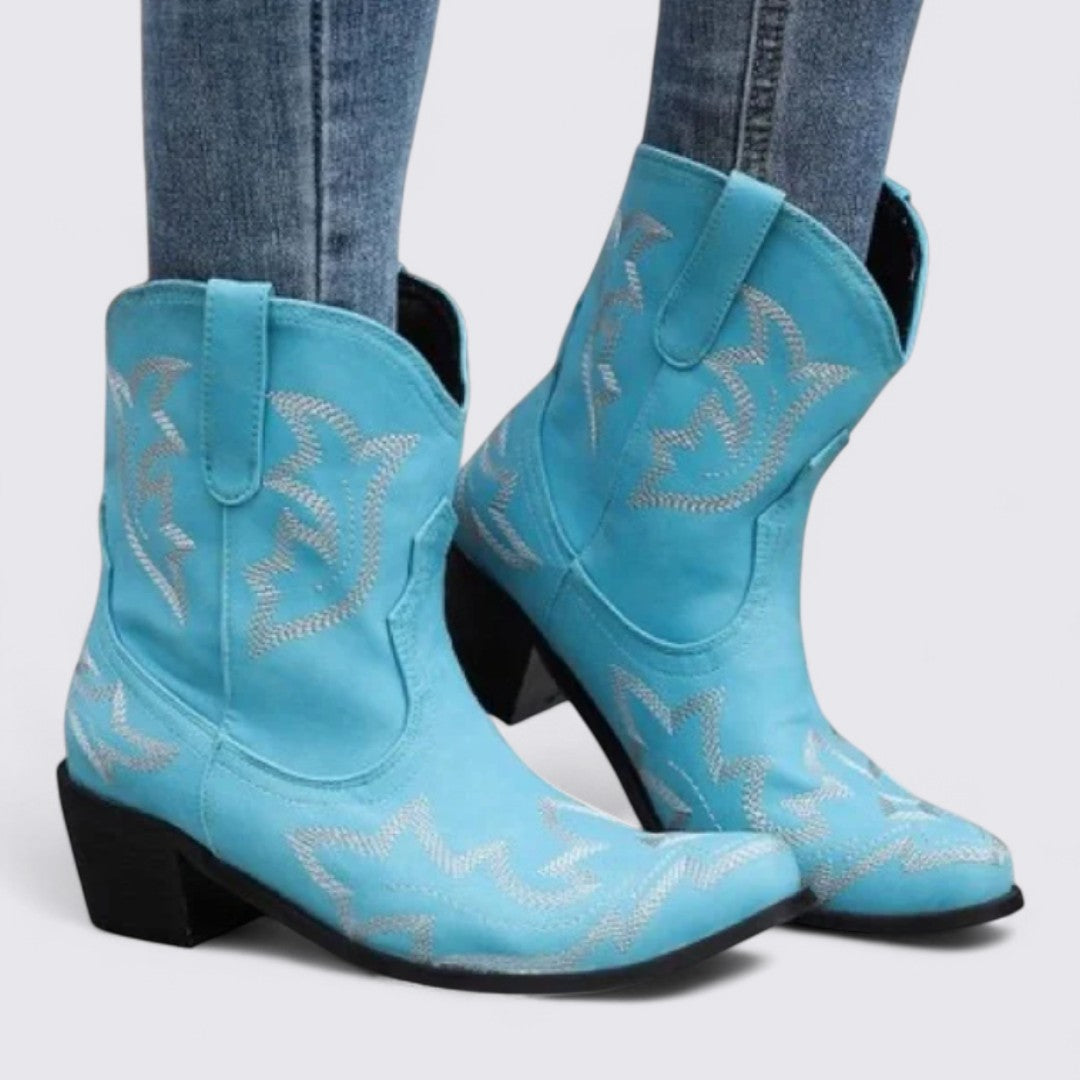 Dame støvler med blokhæle - Western støvler - Bred skaft