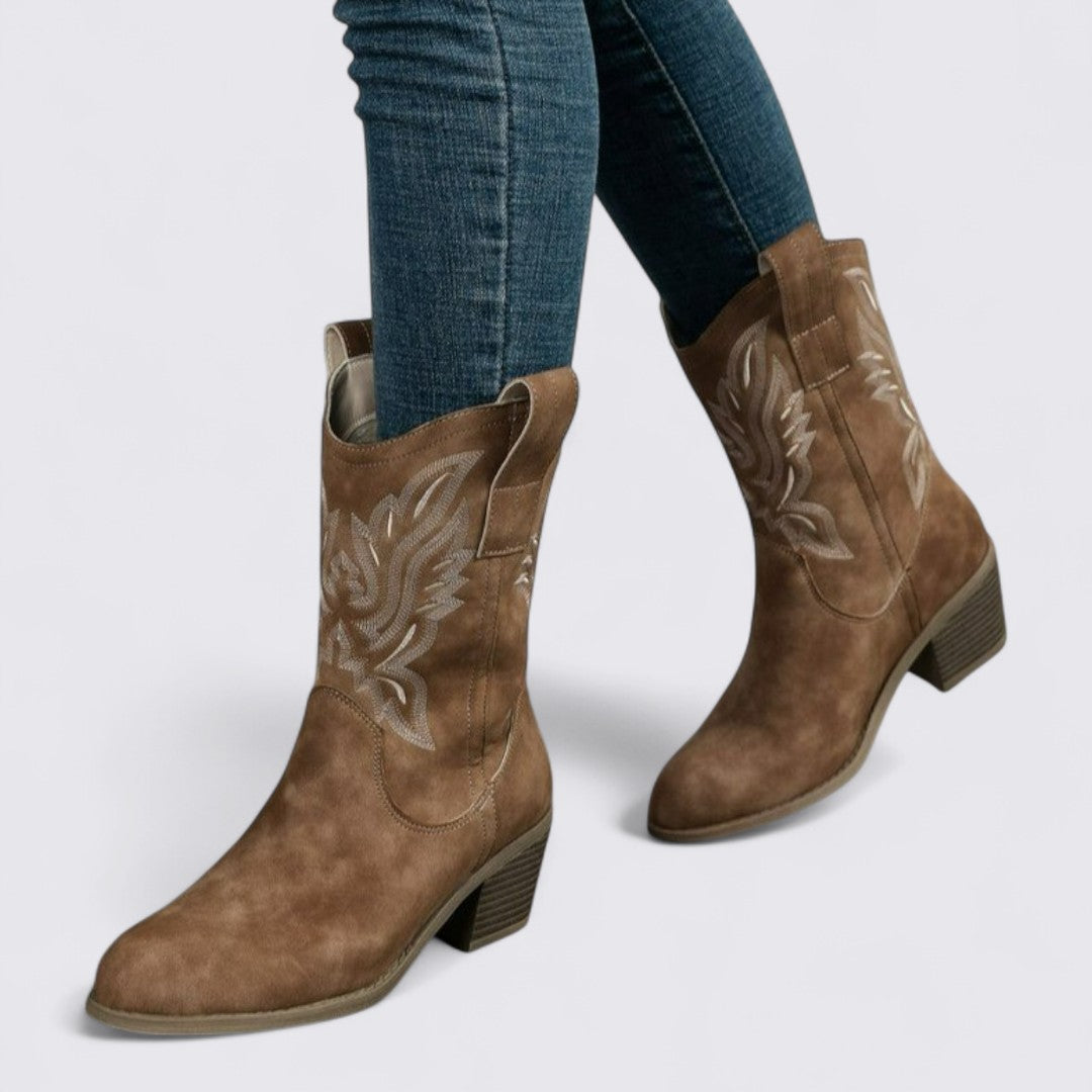 Dame Støvler med Broderi – Blokhæl – Mellemhøj Skaft