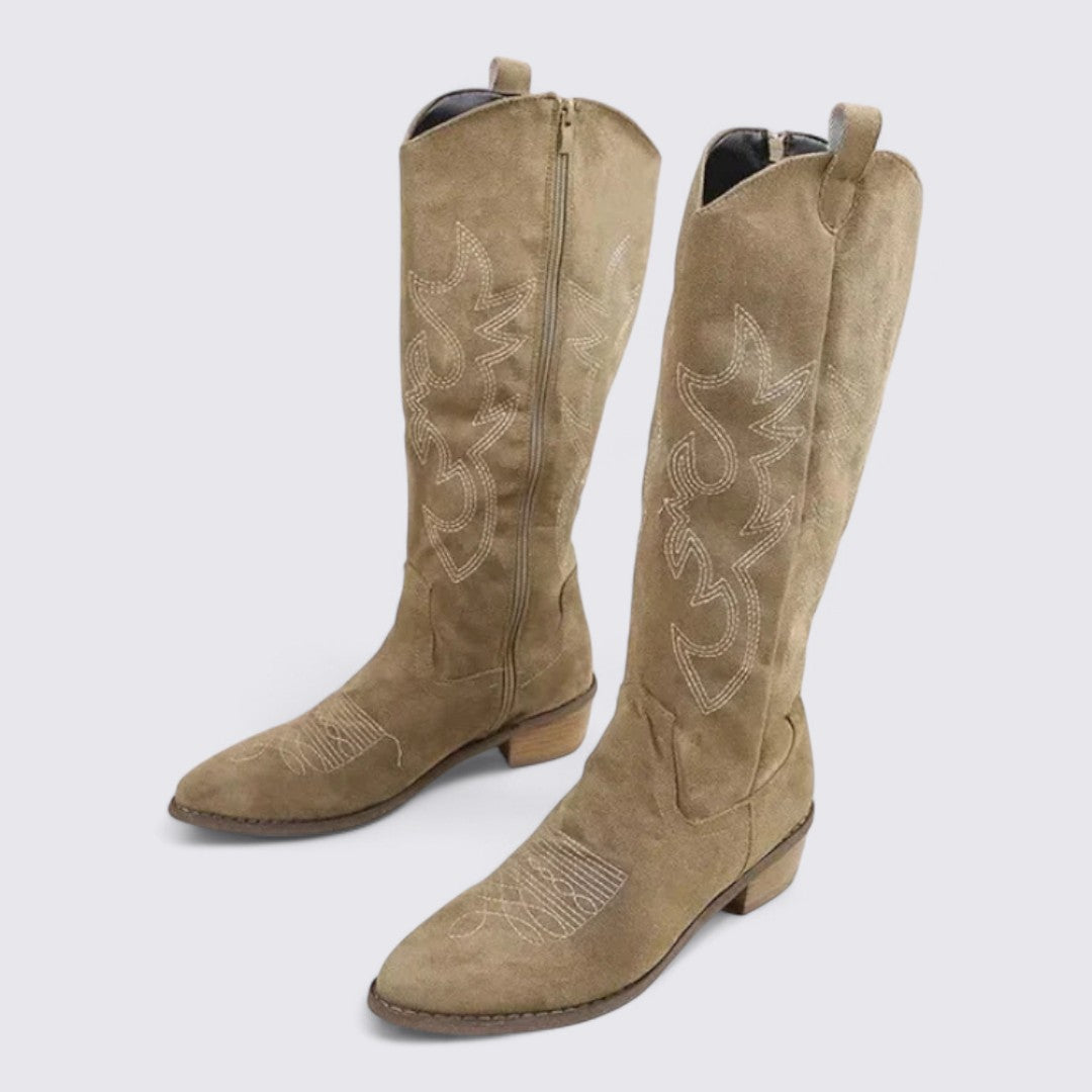 Dame støvler med broderi - knæhøje støvler - blokhæle