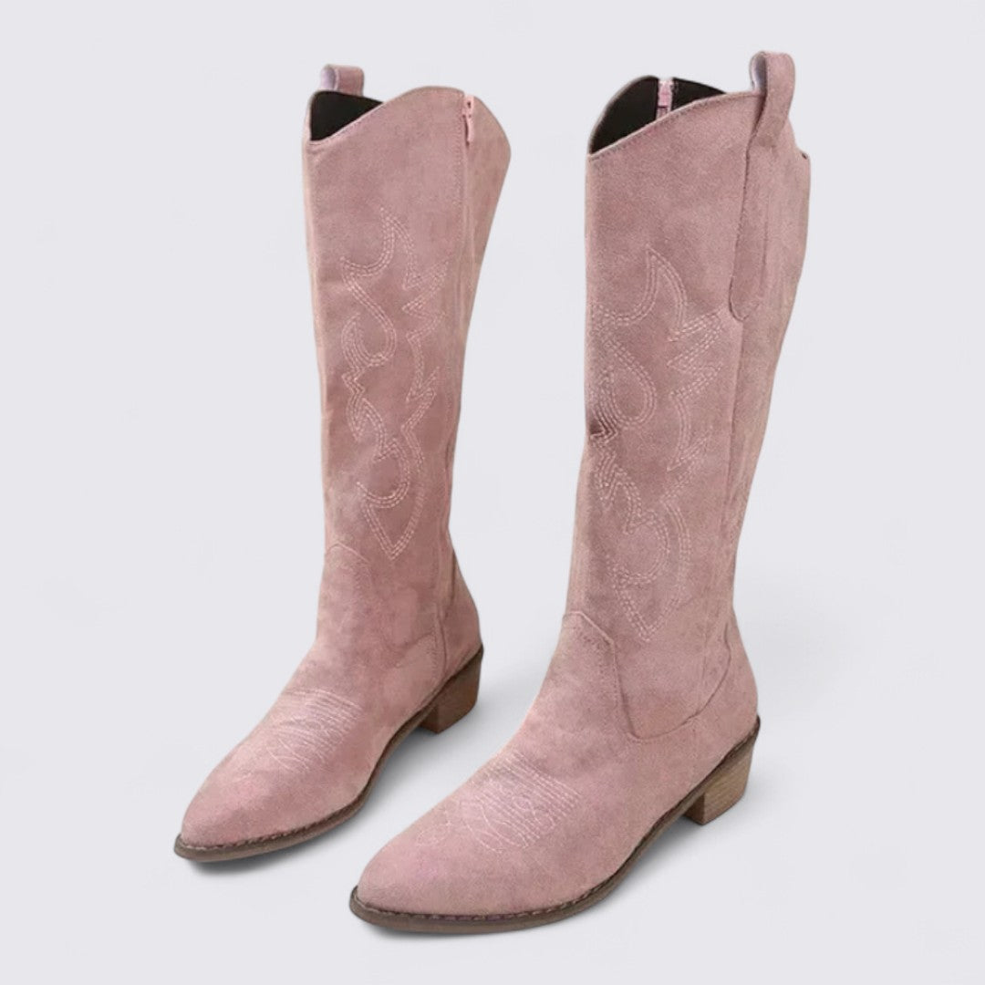 Dame støvler med broderi - knæhøje støvler - blokhæle