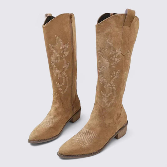 Dame støvler med broderi - knæhøje støvler - blokhæle