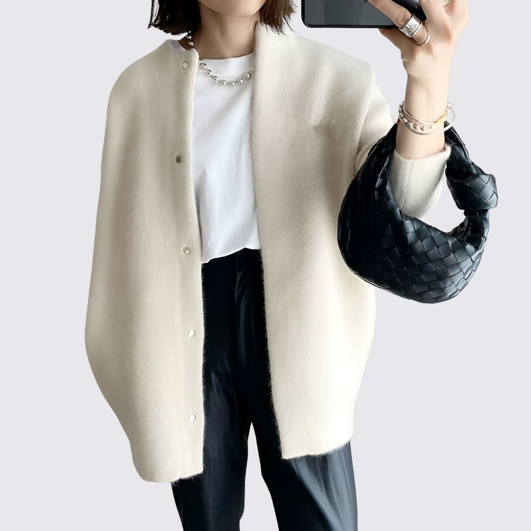 Dame strikjakke med trykknapper - Lang strikjakke - Strikjakke