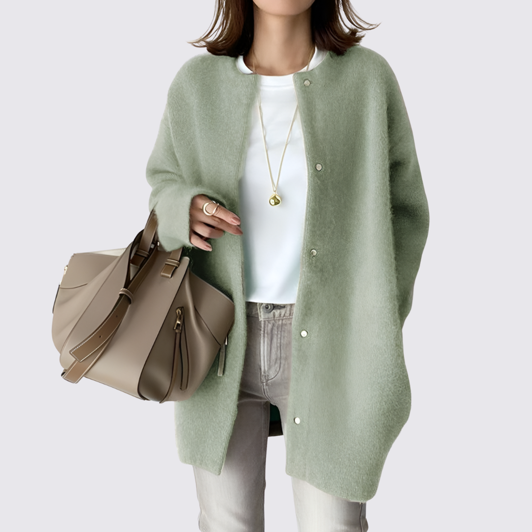 Dame strikjakke med trykknapper - Lang strikjakke - Strikjakke